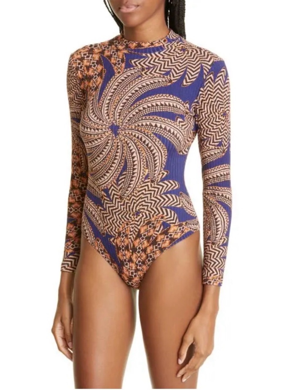 Farm Rio Yawanawa Vanahu Banana Print Mock Neck Bodysuit in Navy Blue Medium